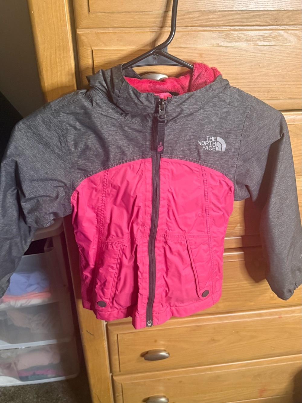 The North Face Kids Pink and Gray Hooded Puffer Jacket